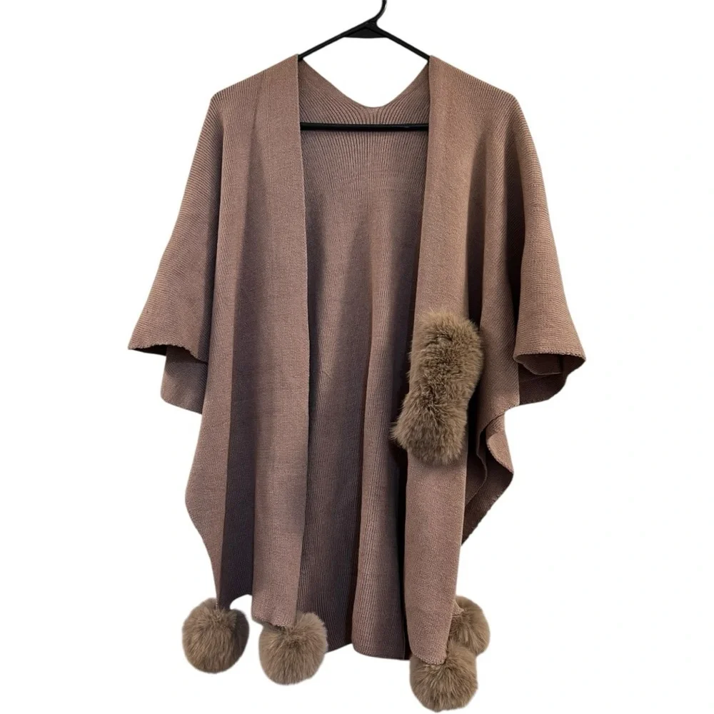 Knit Faux Fur Keyhole  Pom Pom Edge Scarf Wrap Shawl dh.